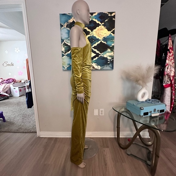 Yellow Ruched One Shoulder Cocktail Gown - Picture 3 of 5